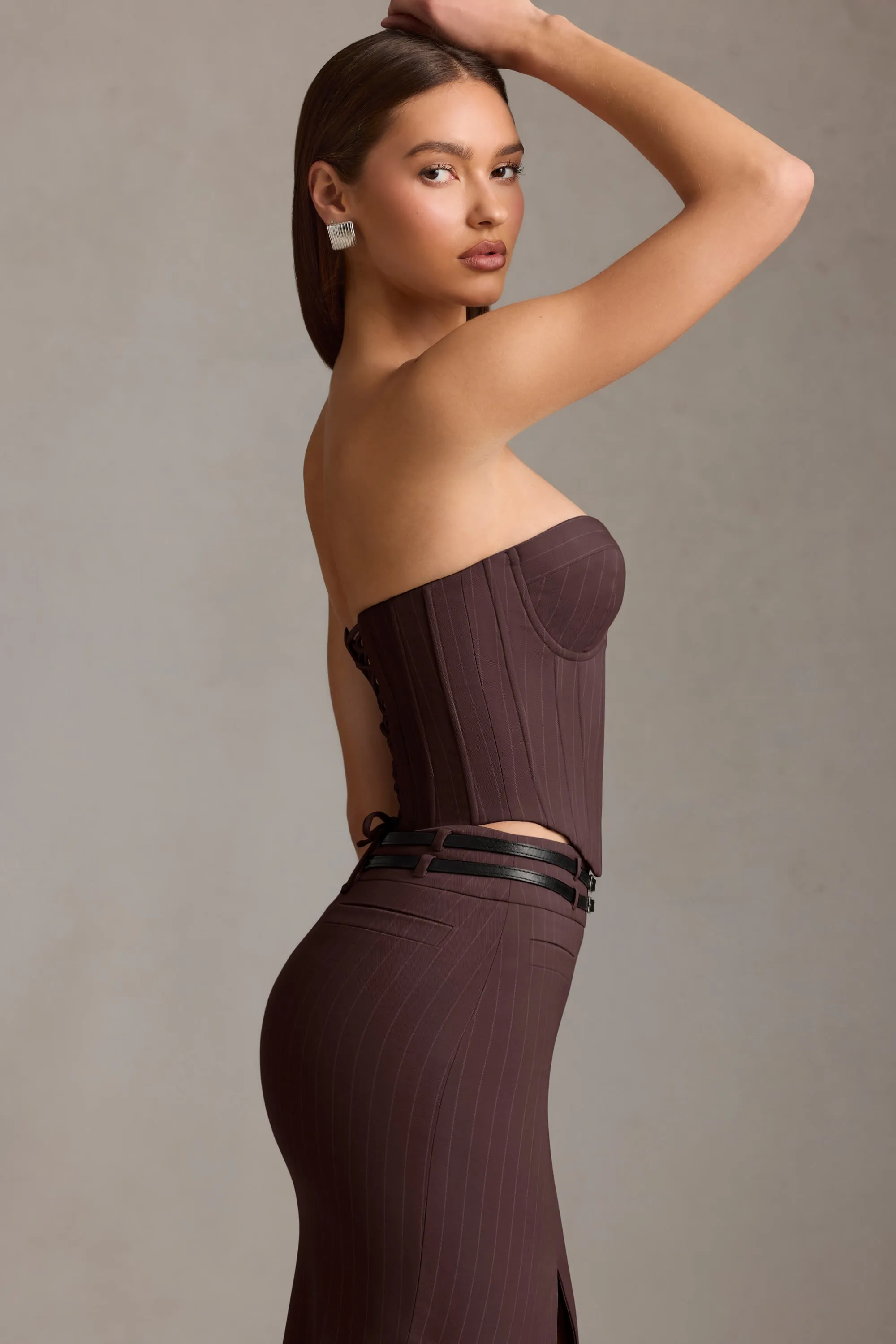 Sporty Joggers MoistureControl Fabric Pinstripe Lace-Up Corset Top in Chocolate Brown