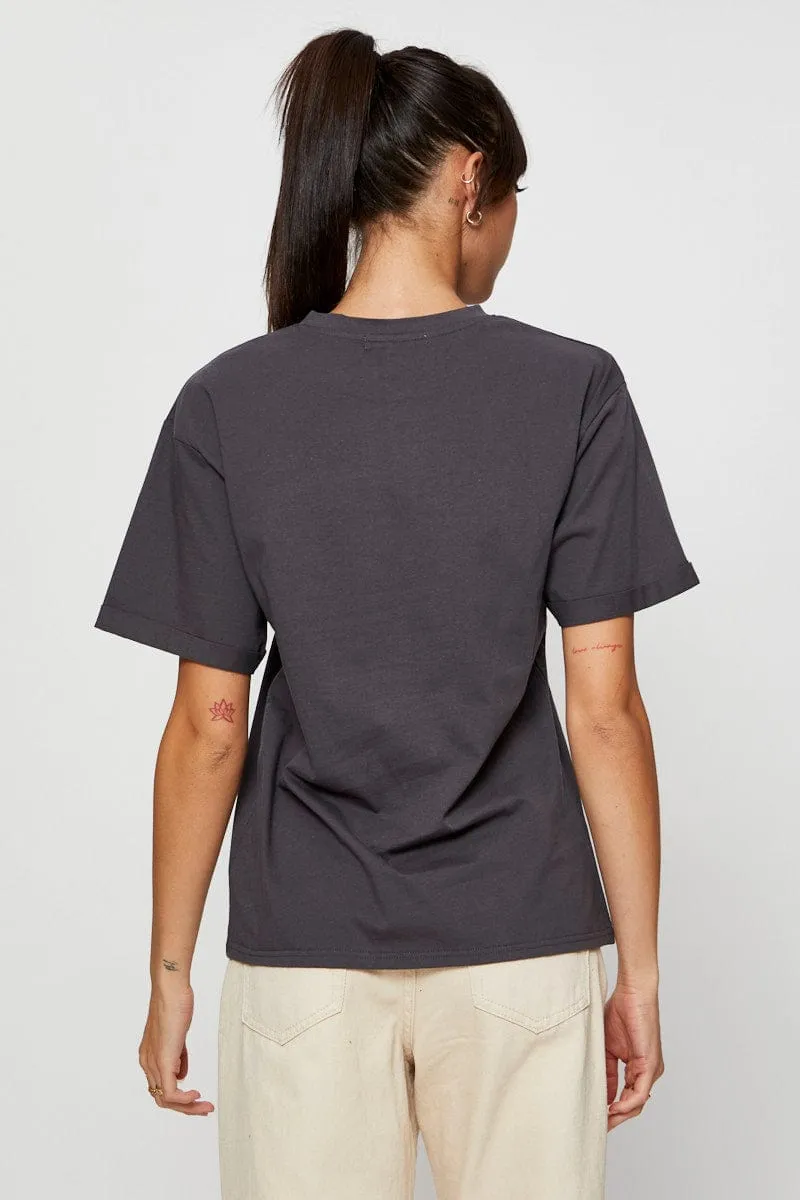 Easy Style Reinforced Hems Grey Graphic T Shirt Short Sleeve
