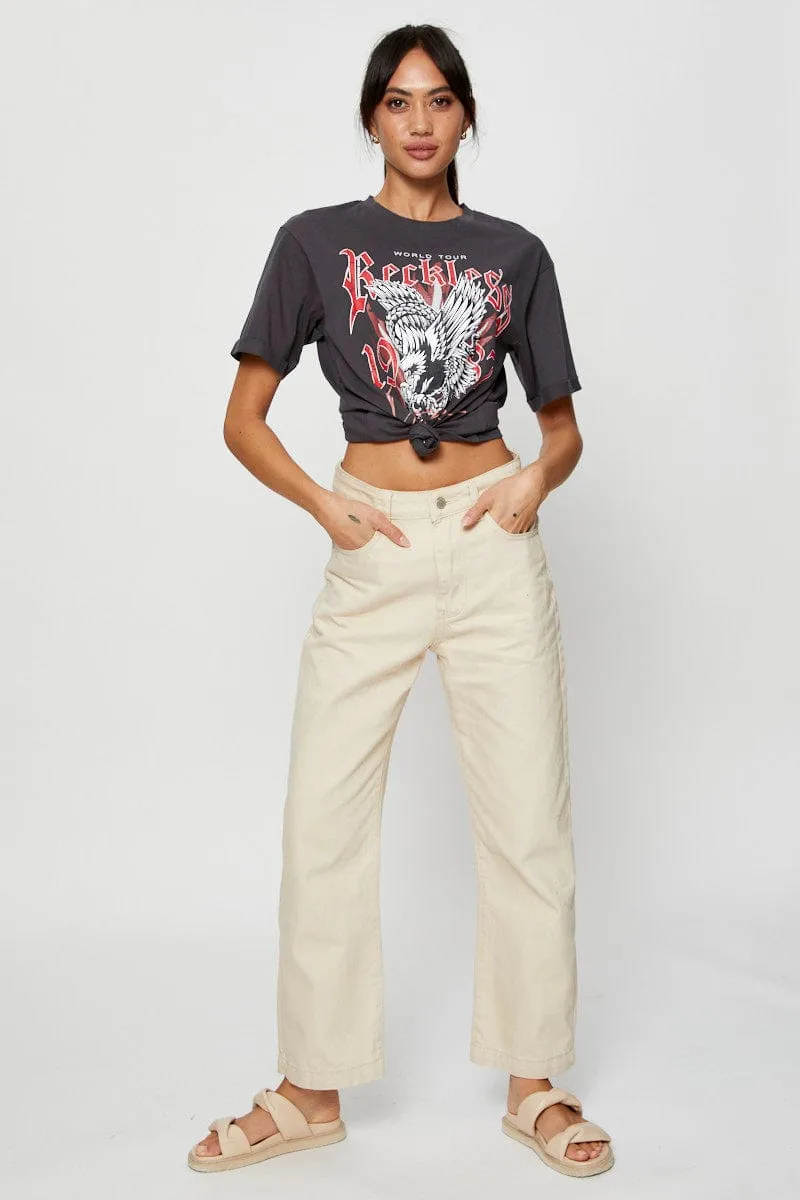 Grey Graphic T Shirt Short Sleeve Durable Ribbed Hem