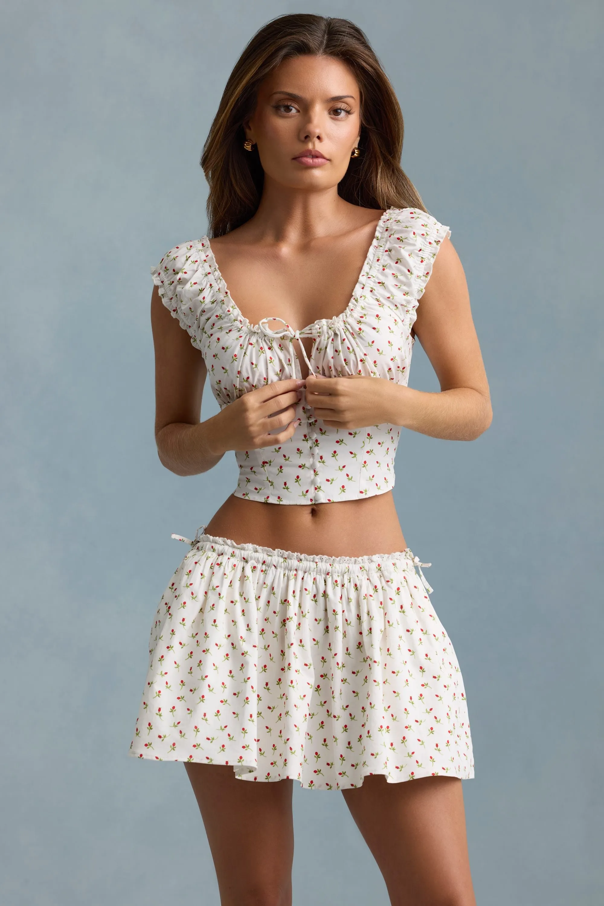 Ruched Cotton-Poplin Mini Skirt in Rose Print Simple Style Simple Comfort