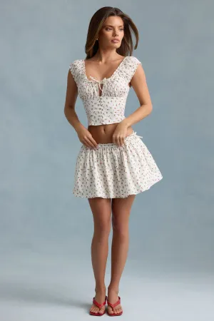 Ruched Cotton-Poplin Mini Skirt in Rose Print Erasable Crease Key Feature
