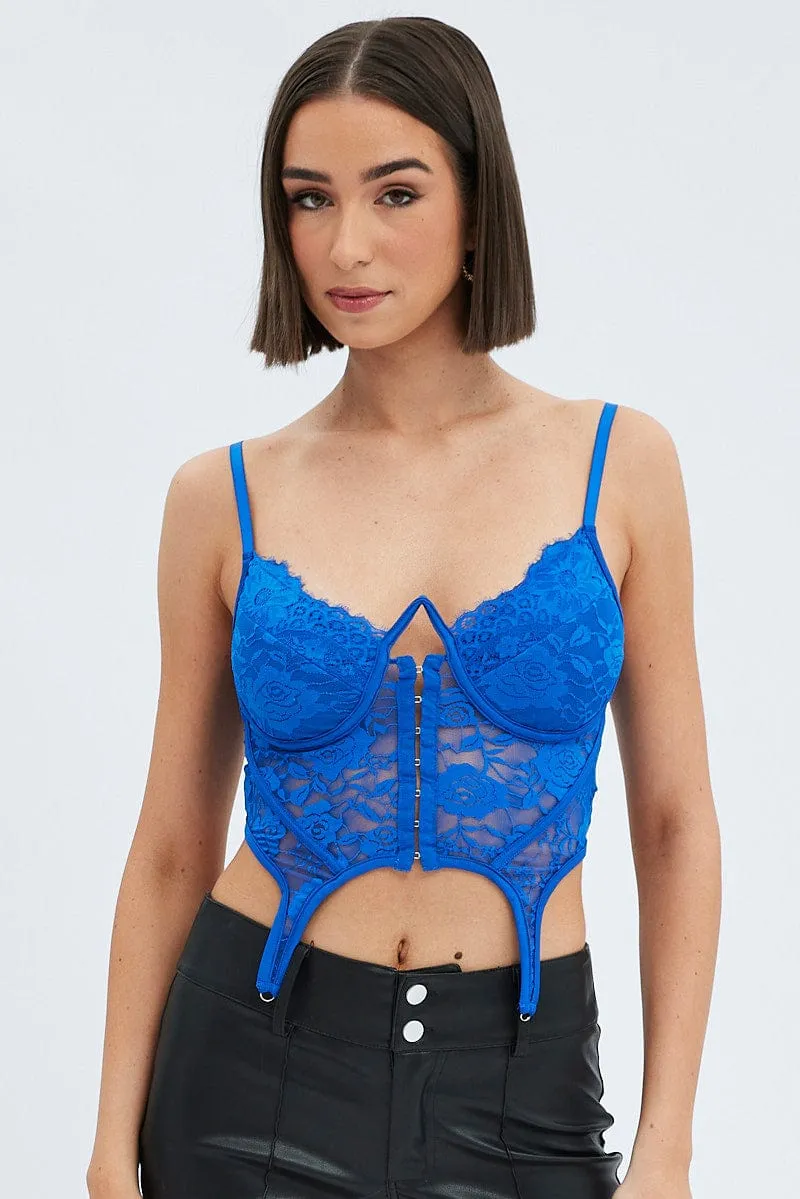 MultiPocket Design Blue Garter Corset Singlet Crop Lace