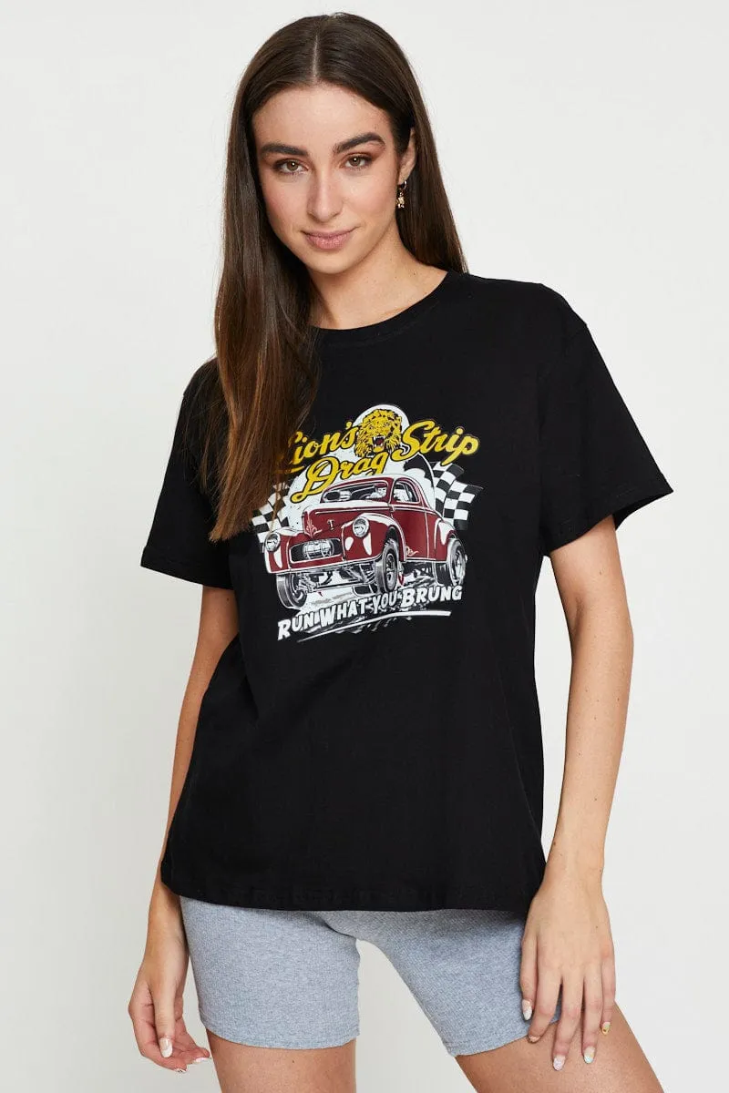 Italian Flair Spring Glow Black Graphic T-Shirt Short Sleeve