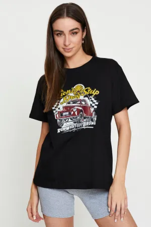 Italian Flair Spring Glow Black Graphic T-Shirt Short Sleeve