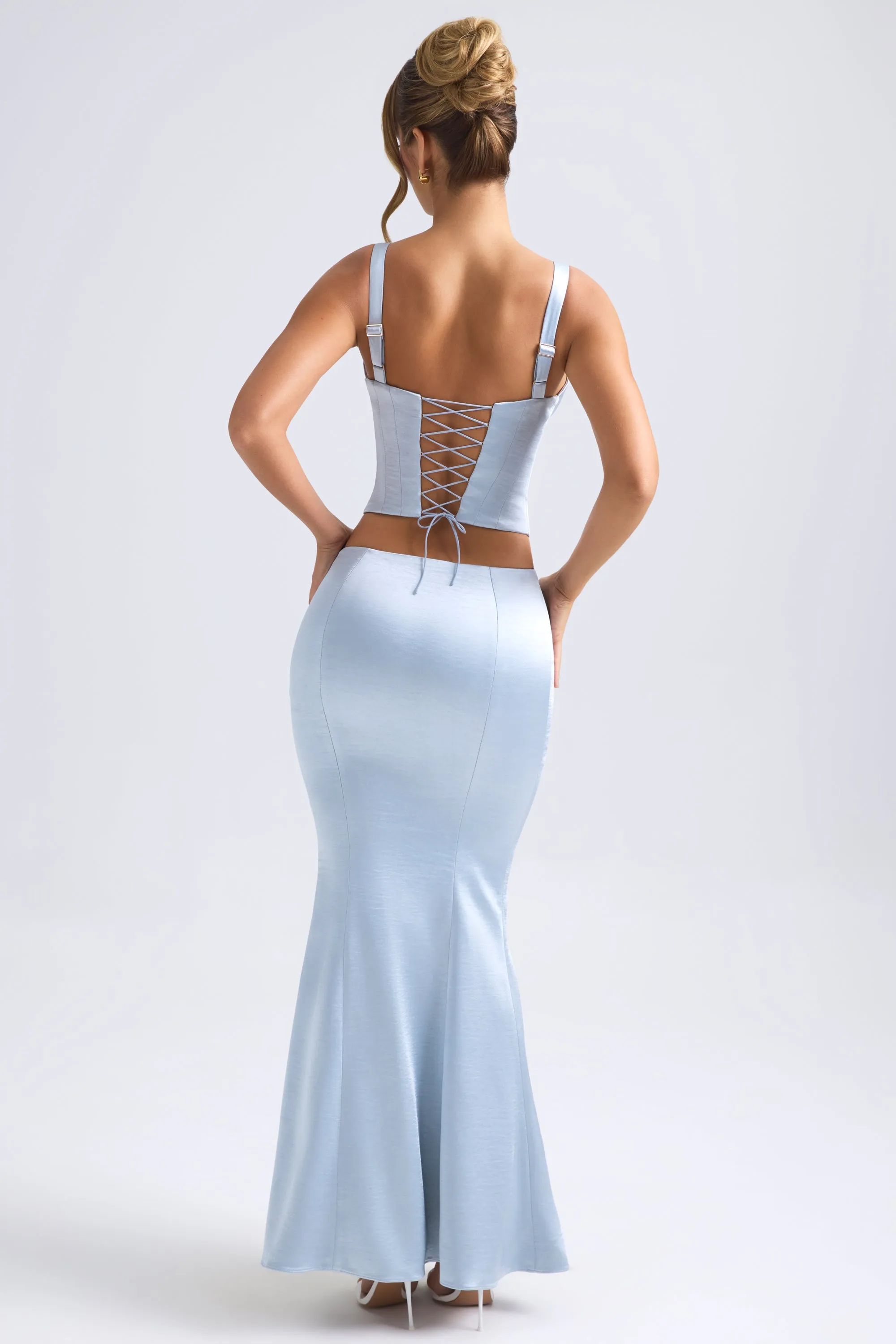 Mid-Rise Fishtail Maxi Skirt in Light Blue Plant Based Material