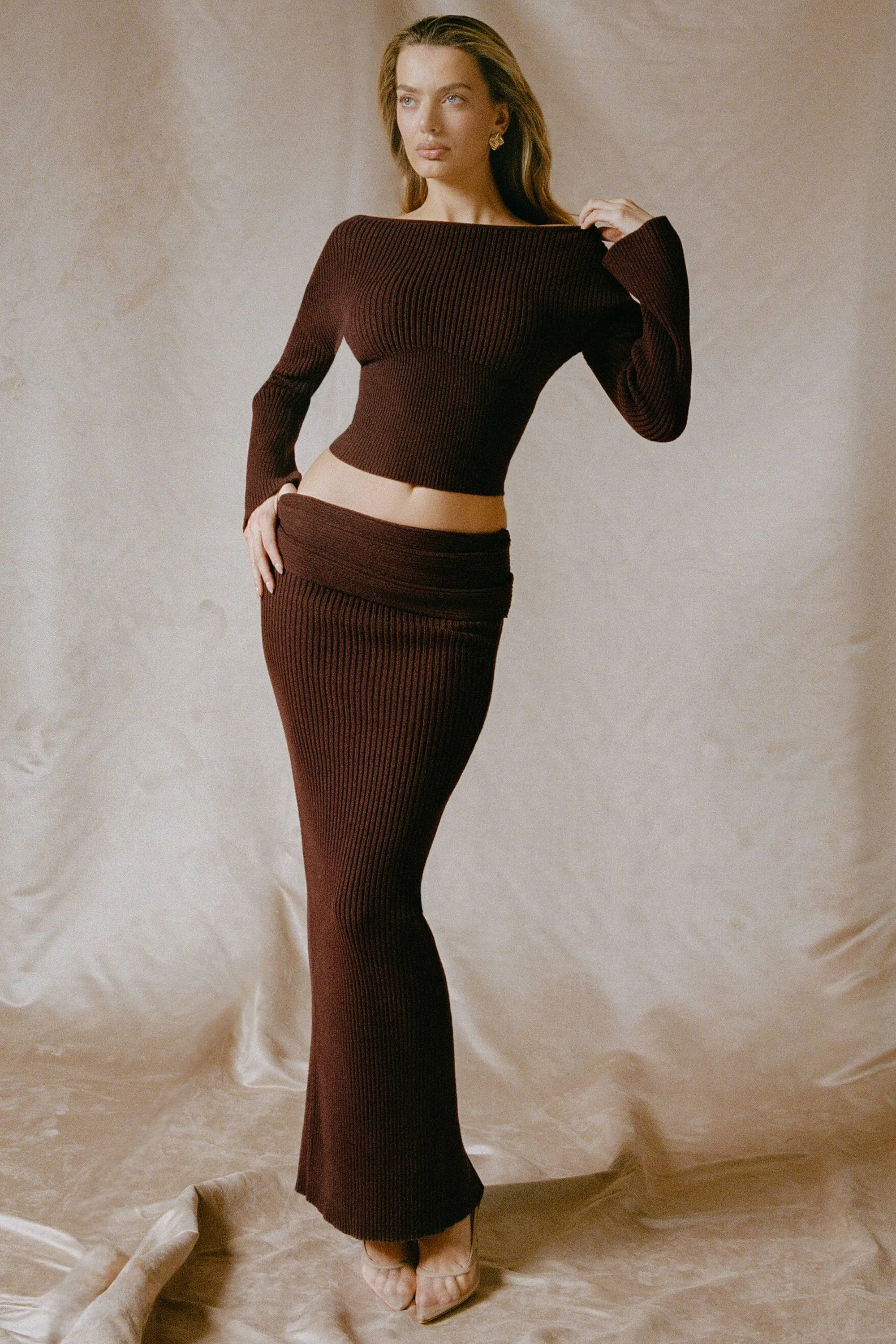 Ribbed-Knit Foldover Maxi Skirt in Espresso Budget Friendly