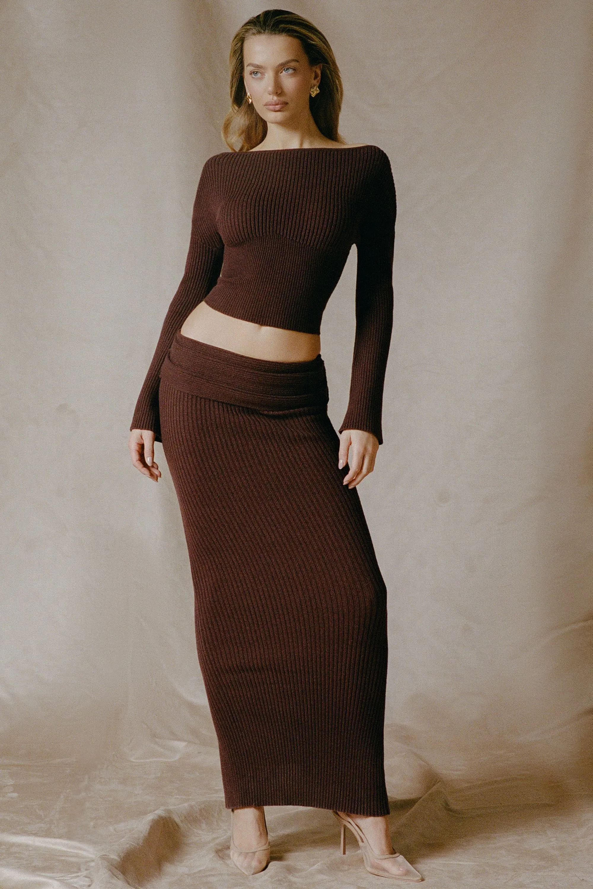 Ribbed-Knit Foldover Maxi Skirt in Espresso Stylish Vibe Chill Mood