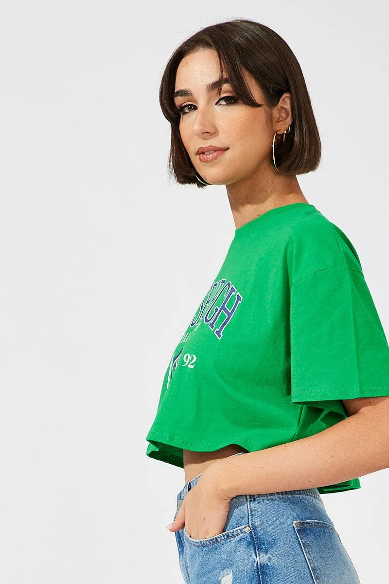 Green Print Graphic Tee Pittsburgh Crop Varsity T-shirt ReinforcedHems