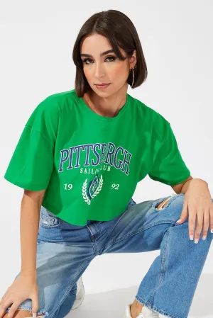 Anti-pilling Green Print Graphic Tee Pittsburgh Crop Varsity T-shirt