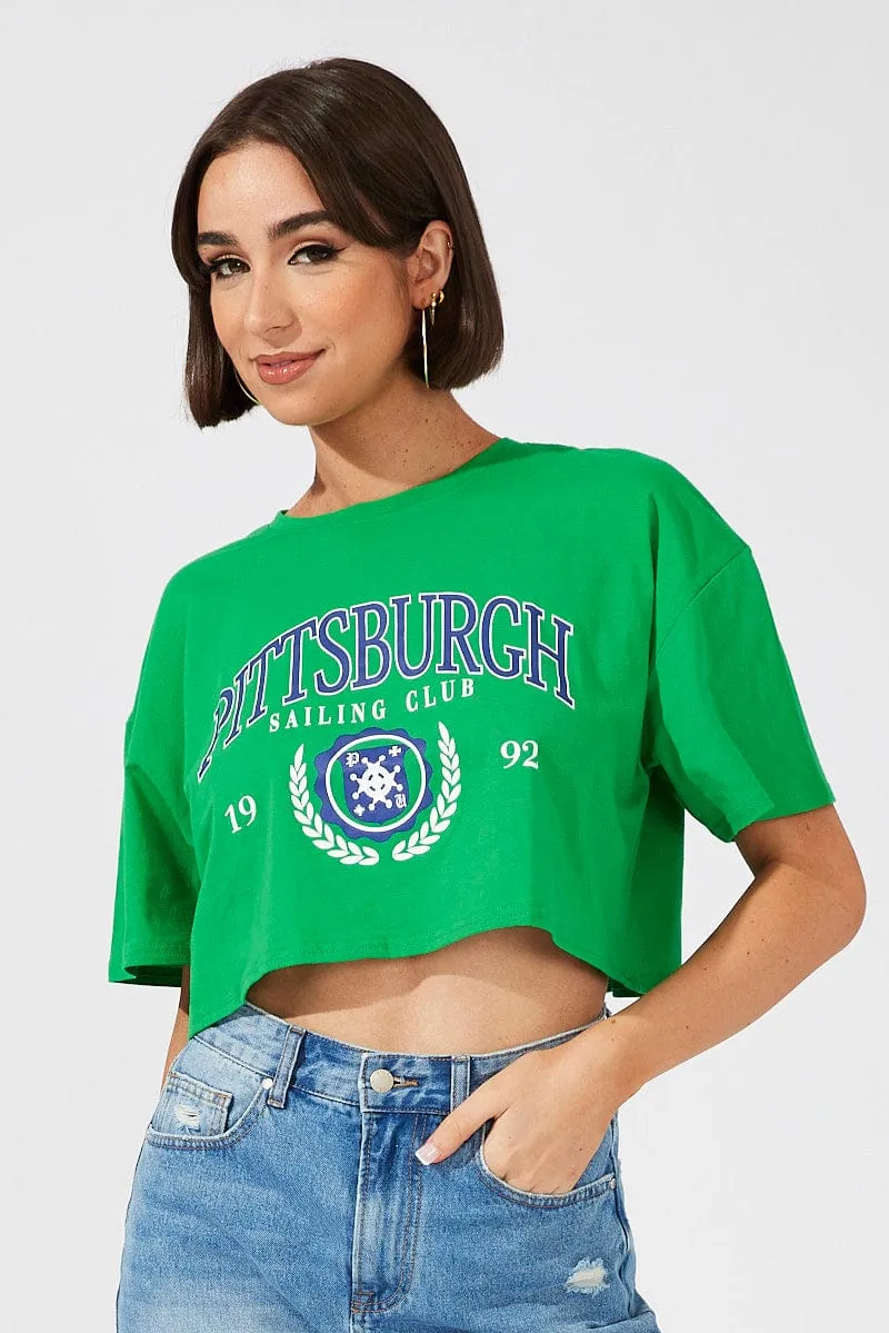 Linen blend Green Print Graphic Tee Pittsburgh Crop Varsity T-shirt