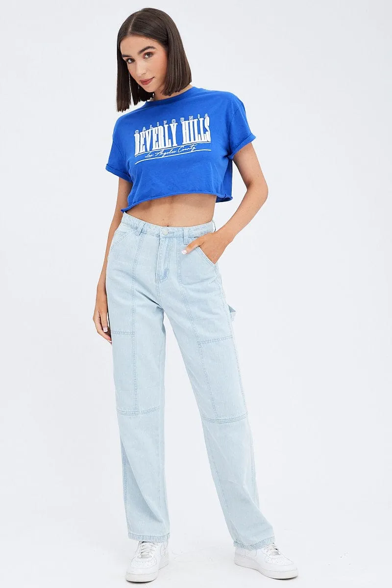 print design Light Comfort Style Blue Graphic Tee Short Sleeve