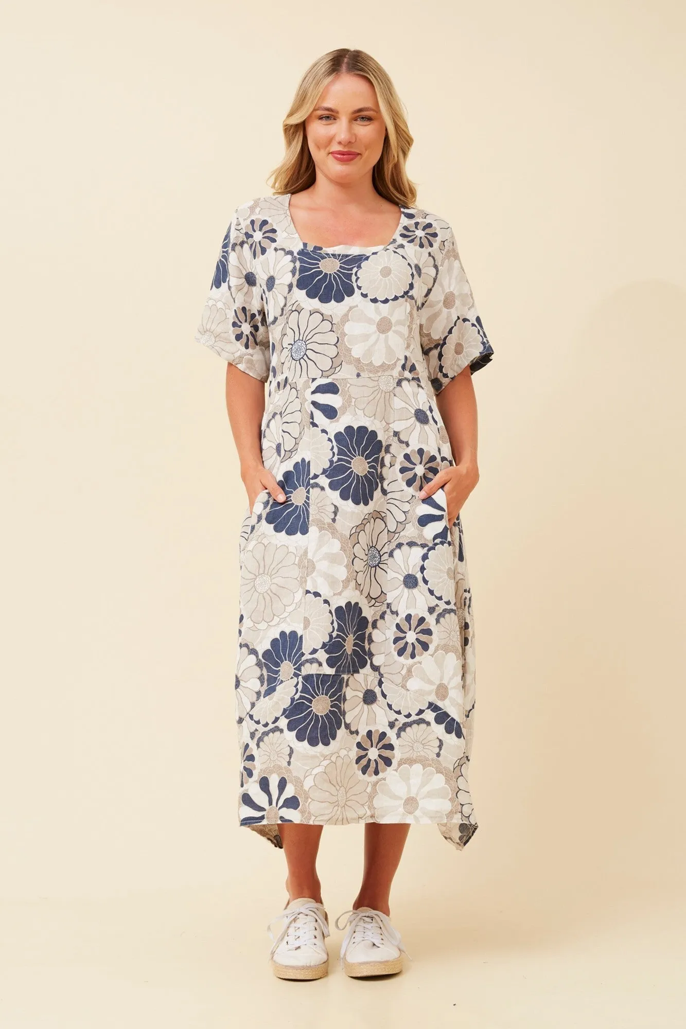 VAL FLORAL LINEN DRESS Breezy and lightweight midi