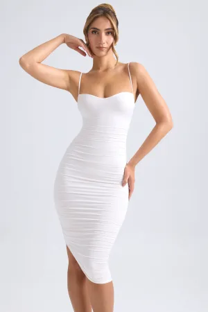 Host Smile Asymmetric Ruched Midi Dress in Ivory
