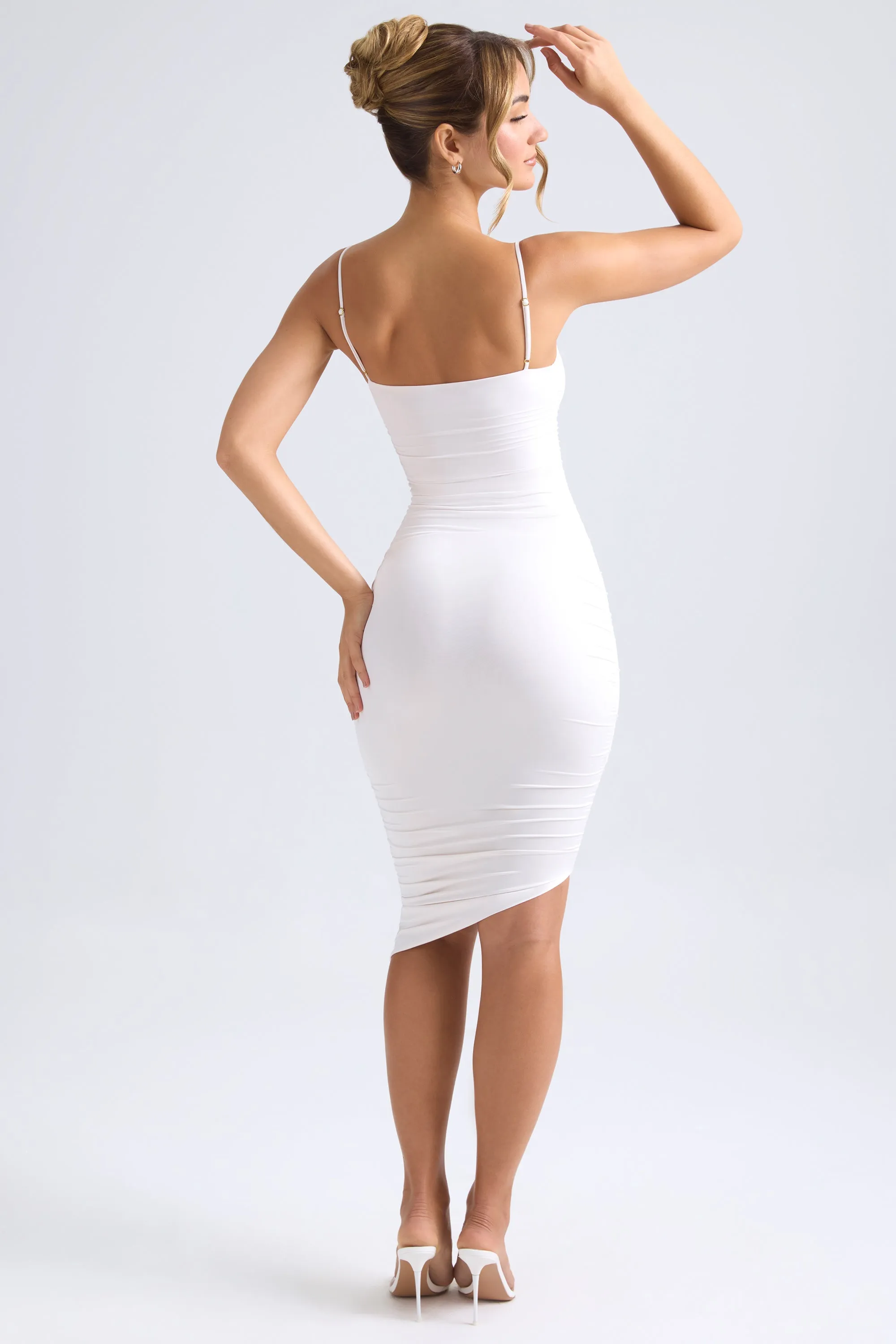 Asymmetric Ruched Midi Dress in Ivory Ocean Breeze