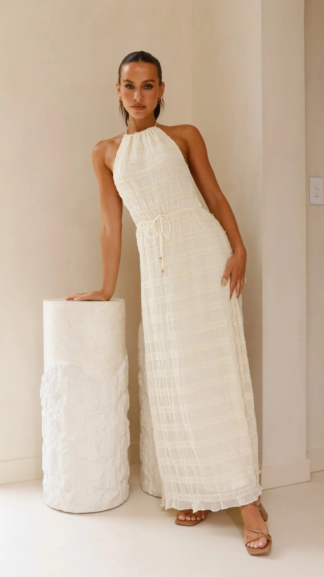Shell Beach Dot Play Melanie Halter Neck Maxi Dress - Cream
