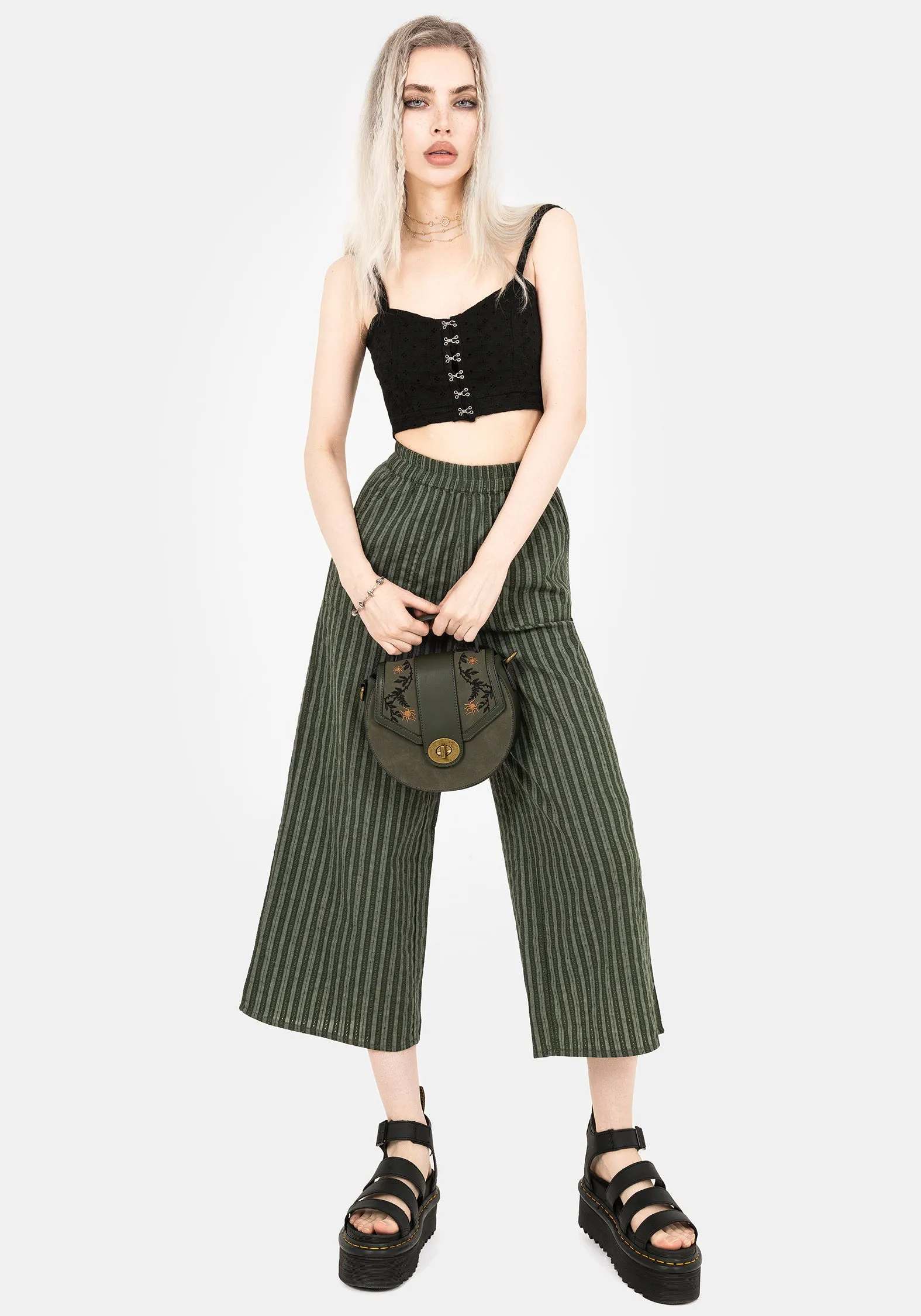 Memorantia Wide Leg Culottes - Green AntiStaticFinish High-waisted fit