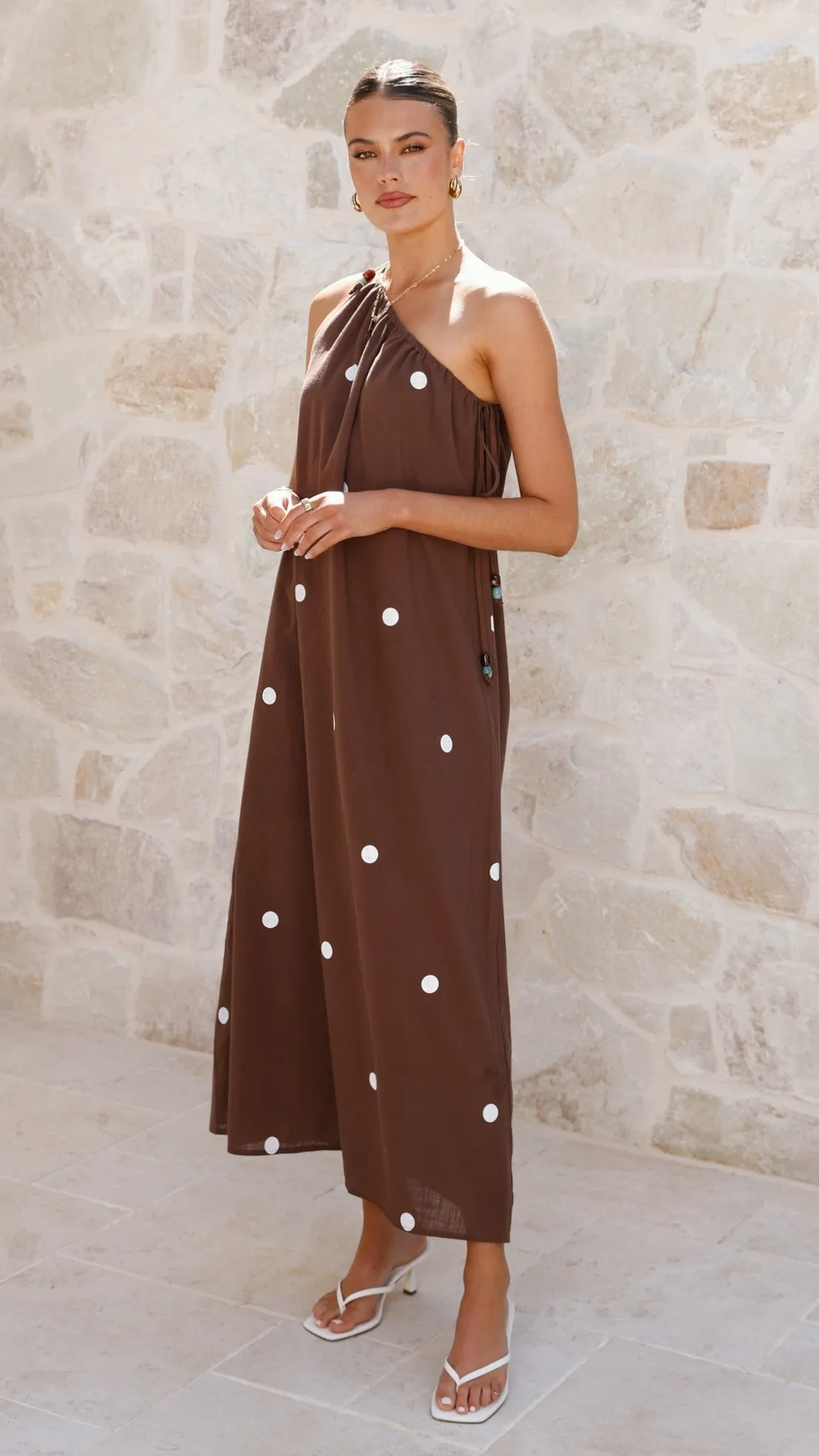 Nasira One Shoulder Maxi Dress - Chocolate / White Polka Dot Print Allover