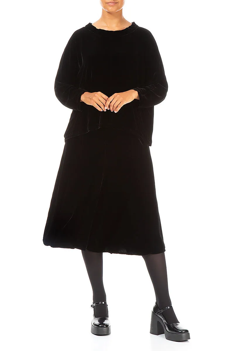 Texture Shot Outfit Details Midi Black Silk Velvet Skirt