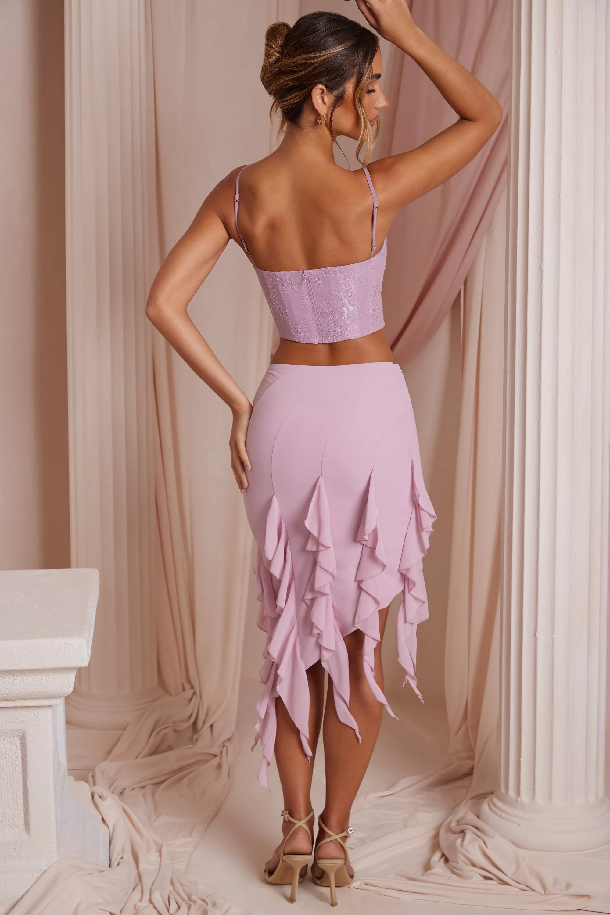 Editorial Look Waterfall Frill Midaxi Skirt in Dusty Pink