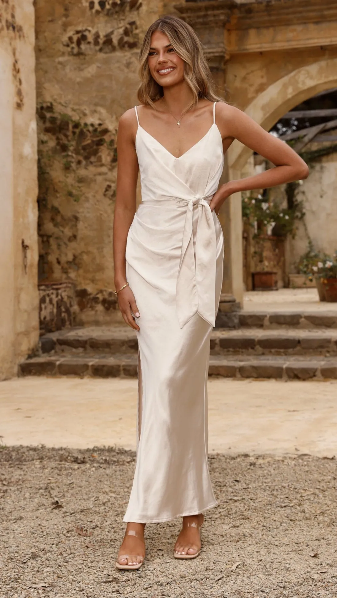 Loose Fit This dress provides a polished and sophisticated look while ensuring all-day comfort Yasmeen Tie Front Maxi Dress - Champagne