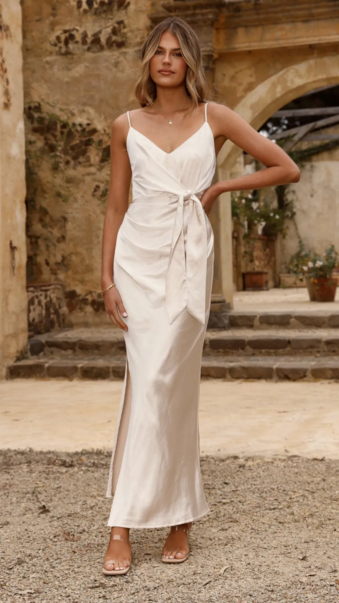 This maxi dress creates an elegant silhouette without sacrificing comfort Yasmeen Tie Front Maxi Dress - Champagne