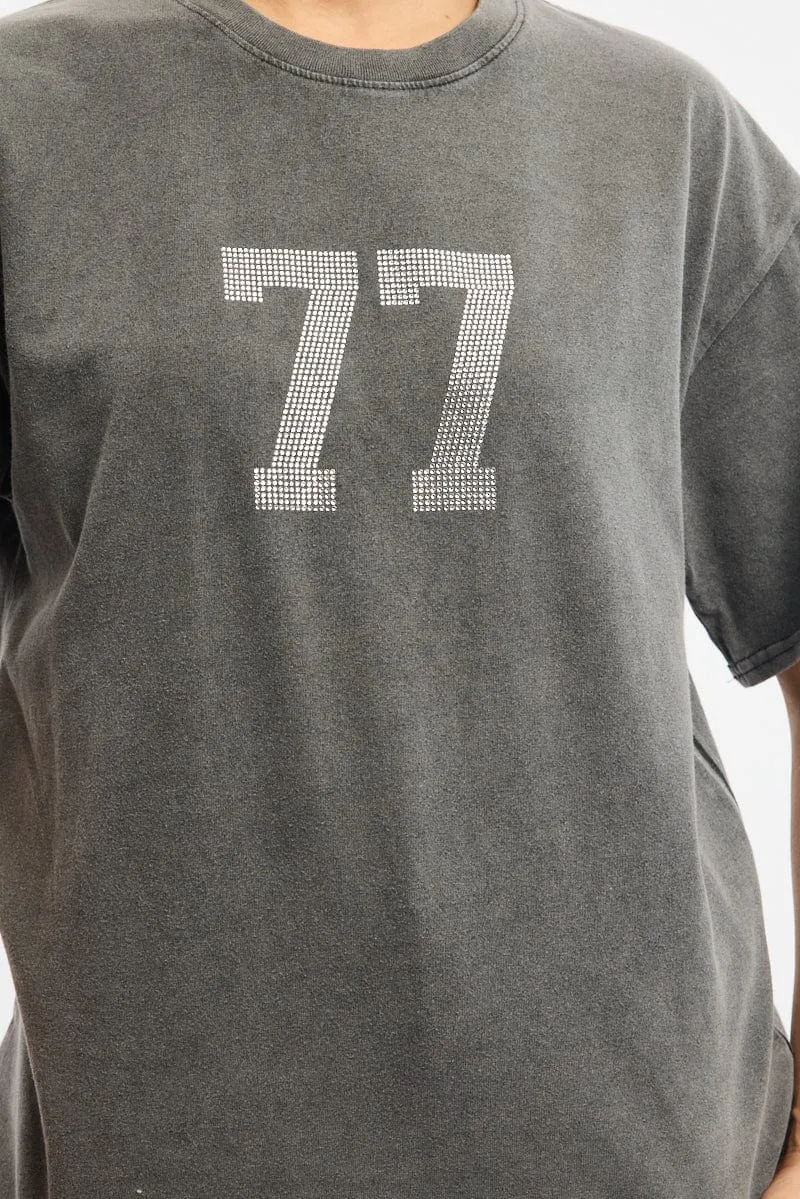 Grey Graphic Tee Short Sleeve Flexible Ribbed Neckline