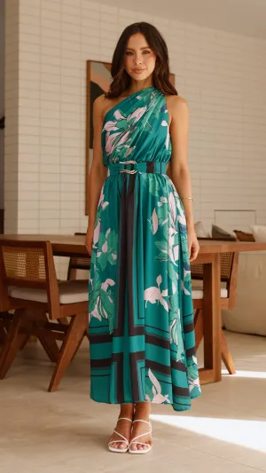 Hadas Maxi Dress - Green Print Wool Glow Color Sky