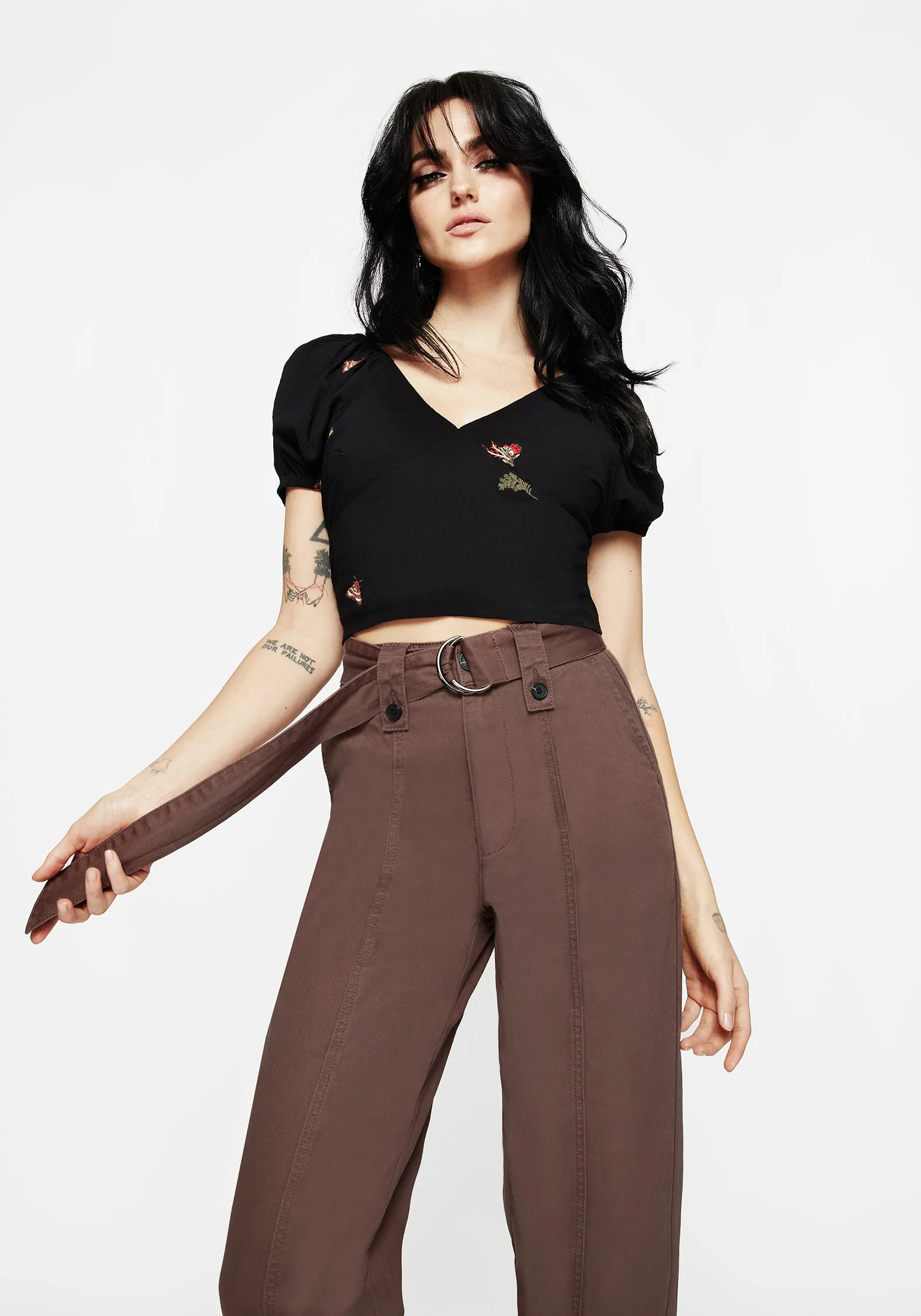 AntiPillingFabric Fashion Stretch Pinhead Belted Balloon Leg Trousers - Brown