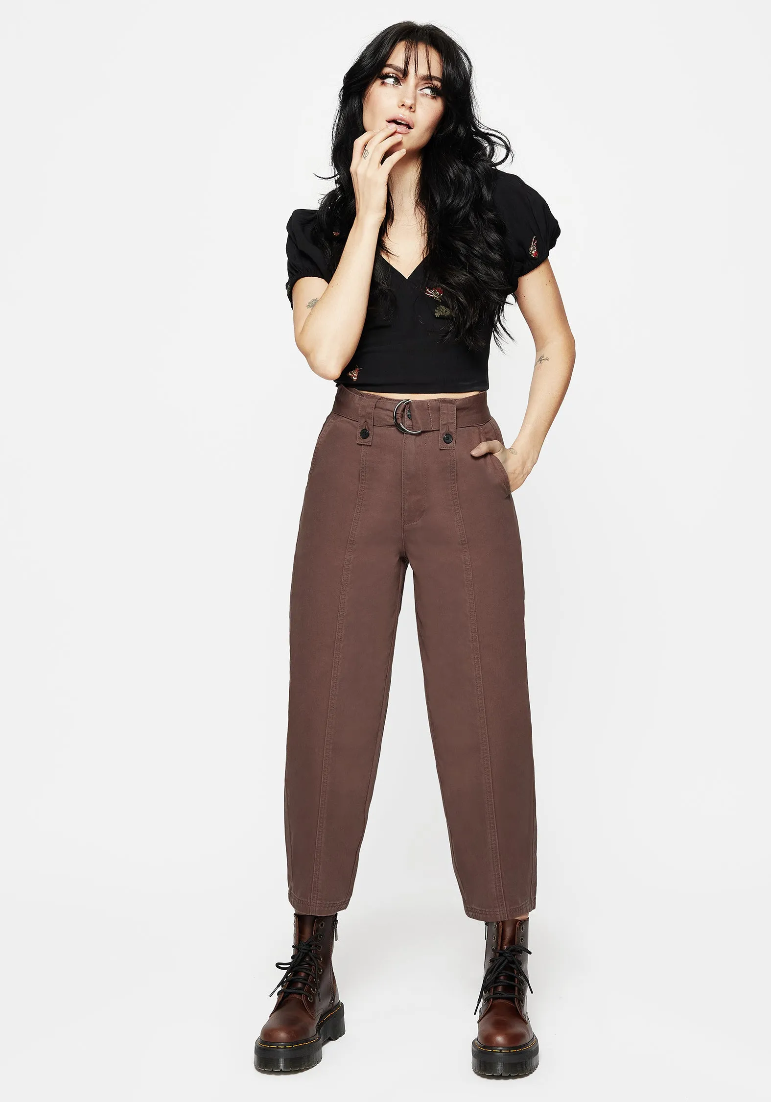 premium fabric Pinhead Belted Balloon Leg Trousers - Brown