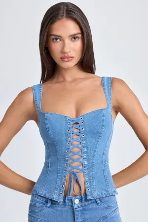 Lace-Up Corset Top in Mid Blue Stonewash Plane Mood