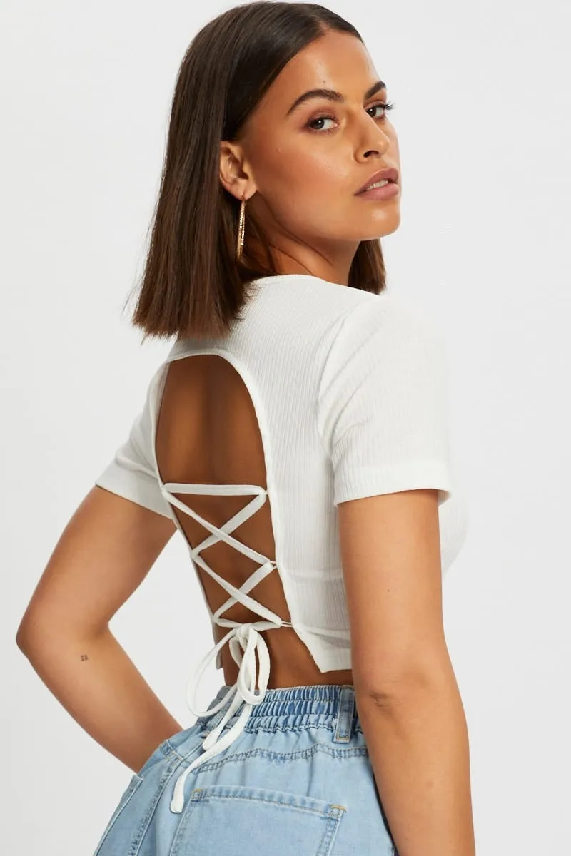 World Glow White Lace Up Backless Crop Tee