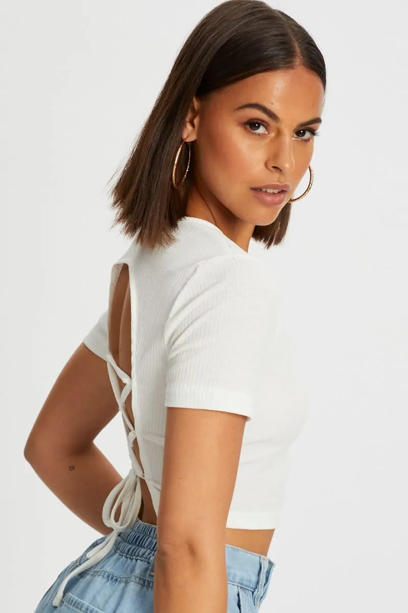 White Lace Up Backless Crop Tee Tropical Glow