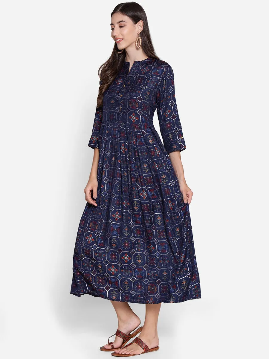 Women Navy Blue Geometrical Printed Dress QuickReleaseFastener