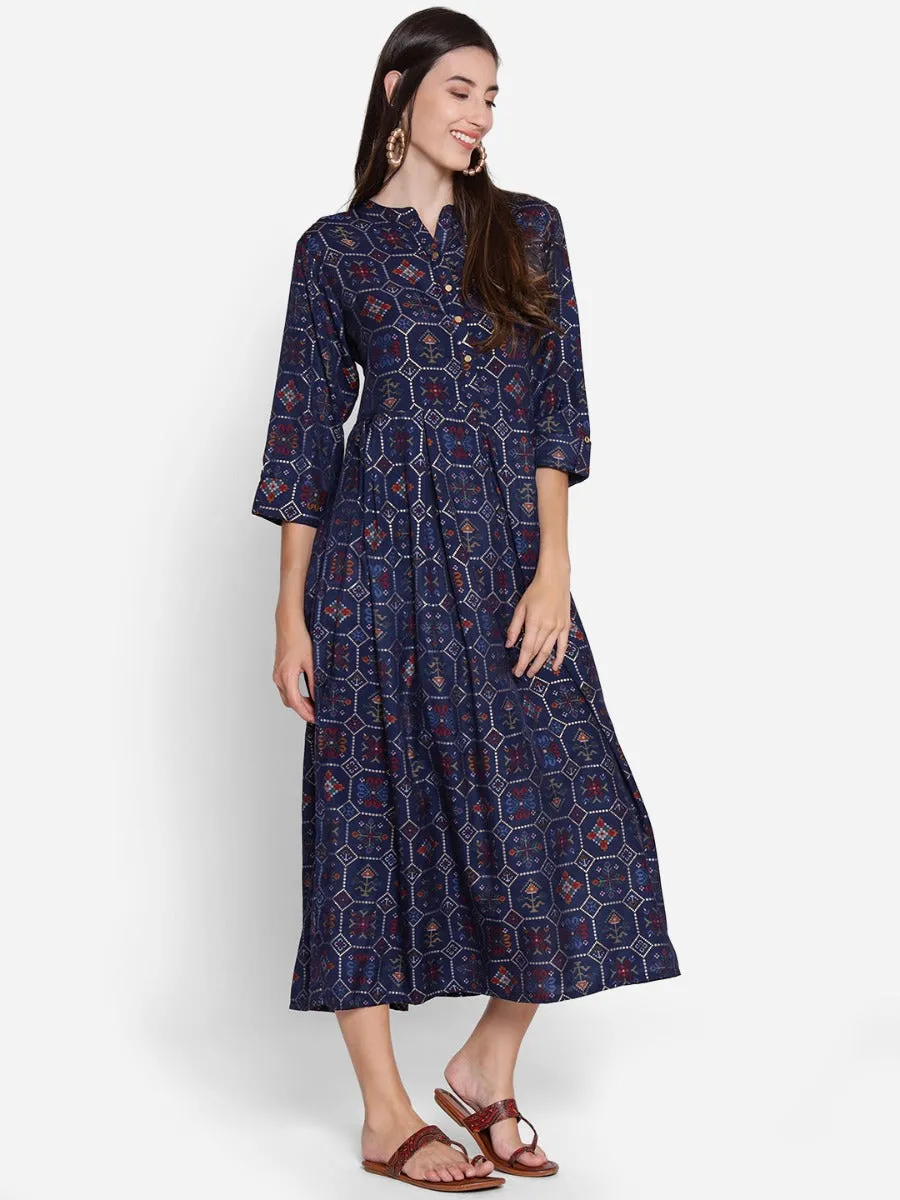 Women Navy Blue Geometrical Printed Dress Fine Weave Free Mind