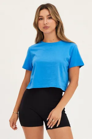 Blue Crop T Shirt Short Sleeve Crew Neck UltraSoft Texture AntiStaticTechnology