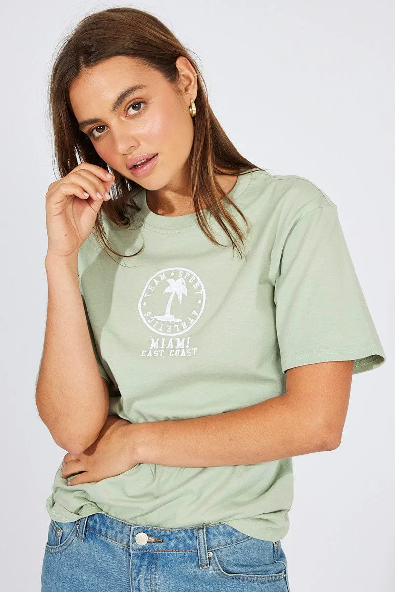 Green Graphic Tee Short Sleeve Natural Fiber Blend Fashion-Forward