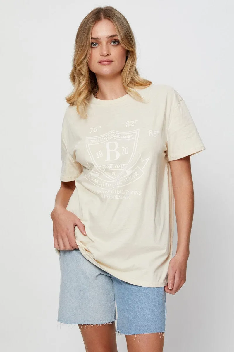 Beige Graphic T-Shirt Short Sleeve Summer Wardrobe MultiPly Fabric