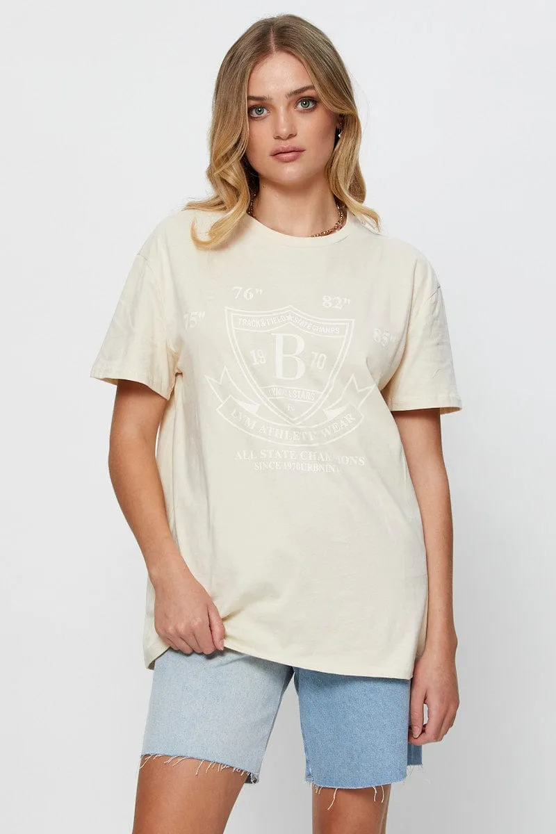 QuickDry Material Beige Graphic T-Shirt Short Sleeve