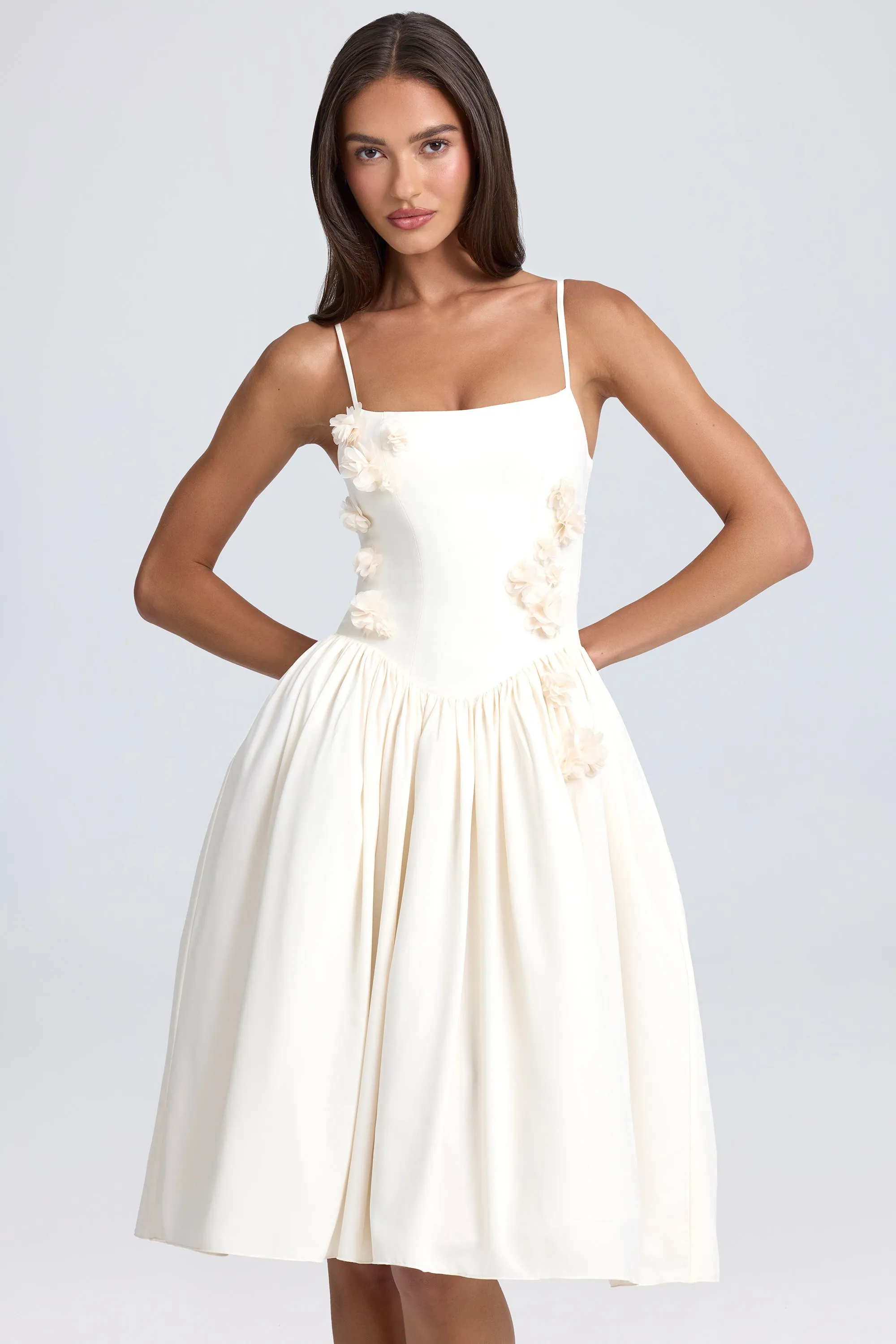 Stylish Outfit Park Bench Floral-Appliqu?? Midi Dress in Ivory