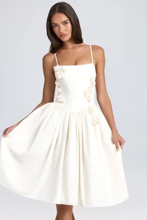 Light Air Breathable fabric Floral-Appliqu?? Midi Dress in Ivory