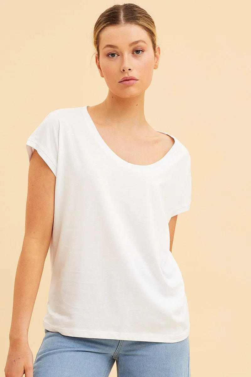 White Relaxed T-Shirt Scoop Neck Drop Shoulder Warm Gloves Nature Base