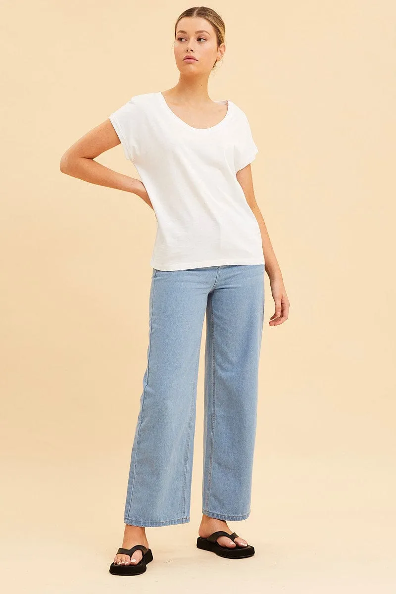 Outdoor Apparel Adjustable Waistband White Relaxed T-Shirt Scoop Neck Drop Shoulder