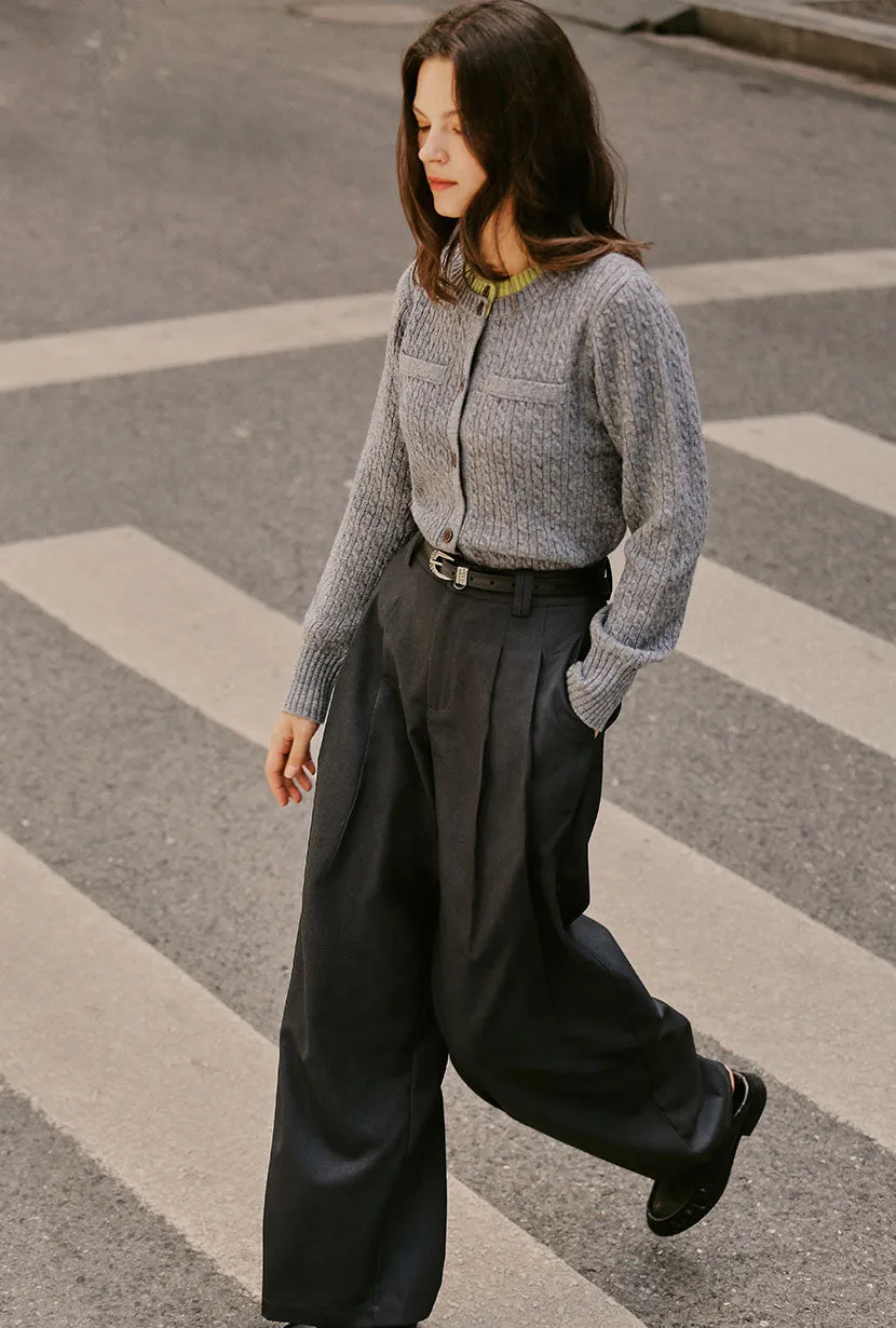 Work Wear Cozy Jacket Carlo Wool Blend Wide Pants - Grey