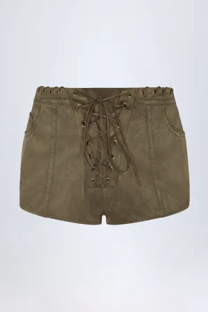 Lace-Up Mid-Rise Shorts in Dark Khaki soccer uniform Stretchy Hemline