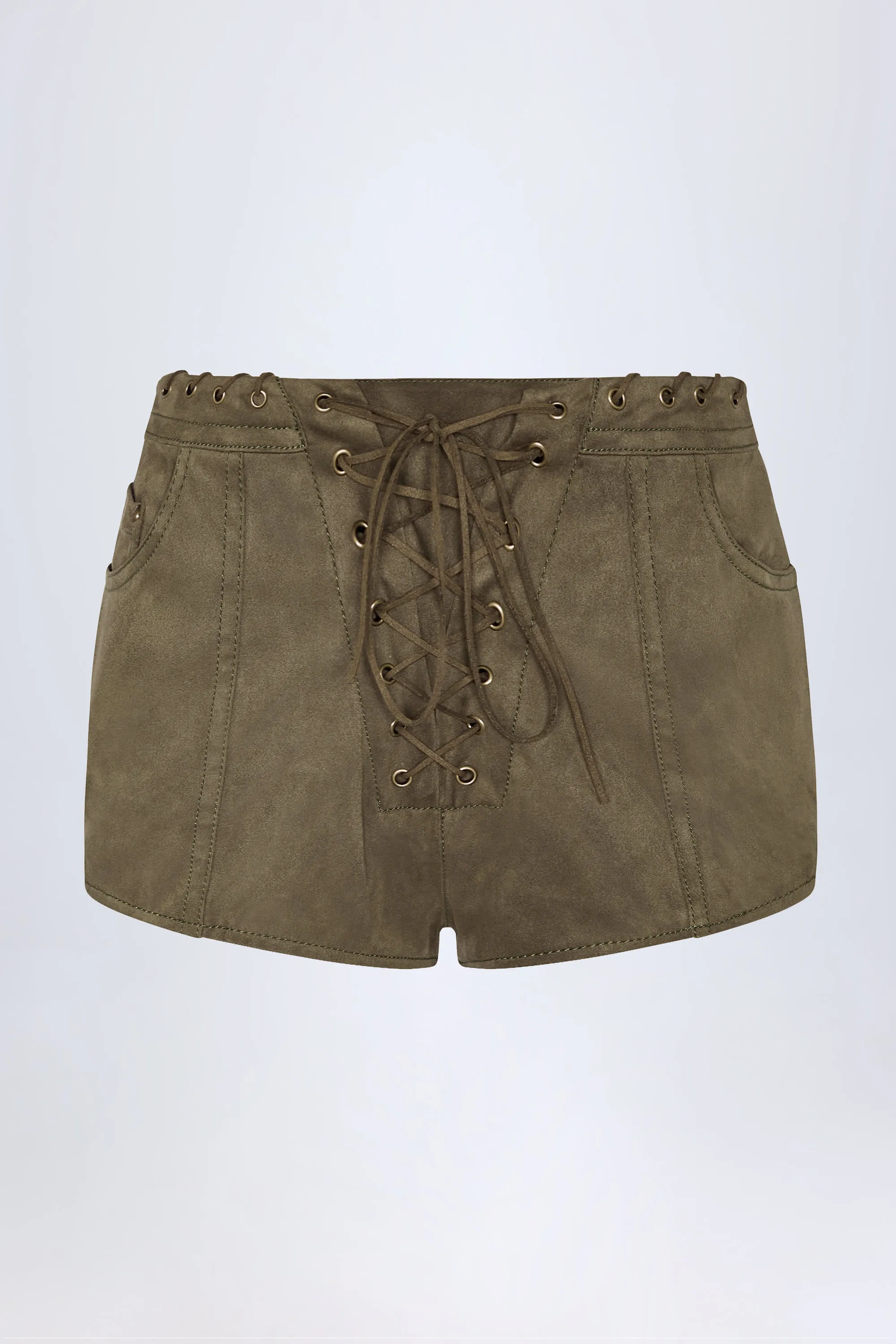 Lace-Up Mid-Rise Shorts in Dark Khaki soccer uniform Stretchy Hemline