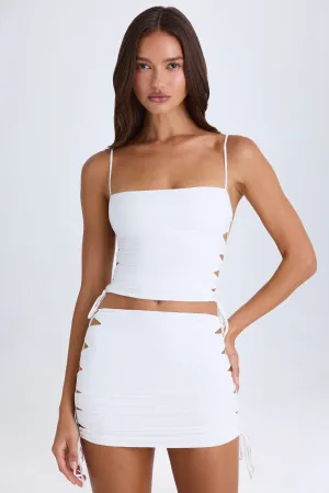 Ruched Cut-Out Mini Skirt in White Jewel Tones Cotton Rich