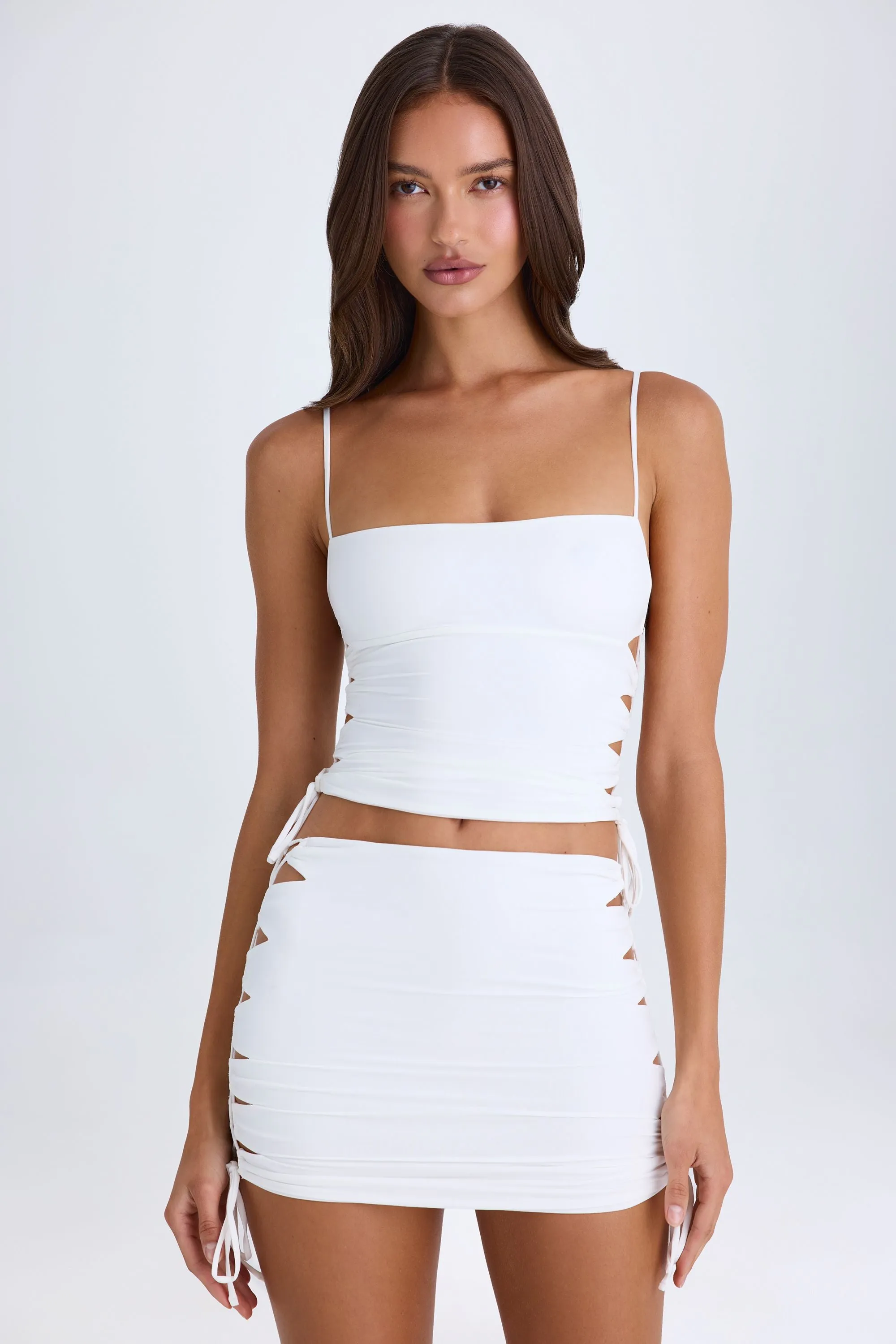 Smart Casual light feel Ruched Cut-Out Mini Skirt in White