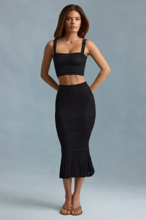 Ruffle-Trim Pointelle-Knit Midaxi Skirt in Black Hidden pockets