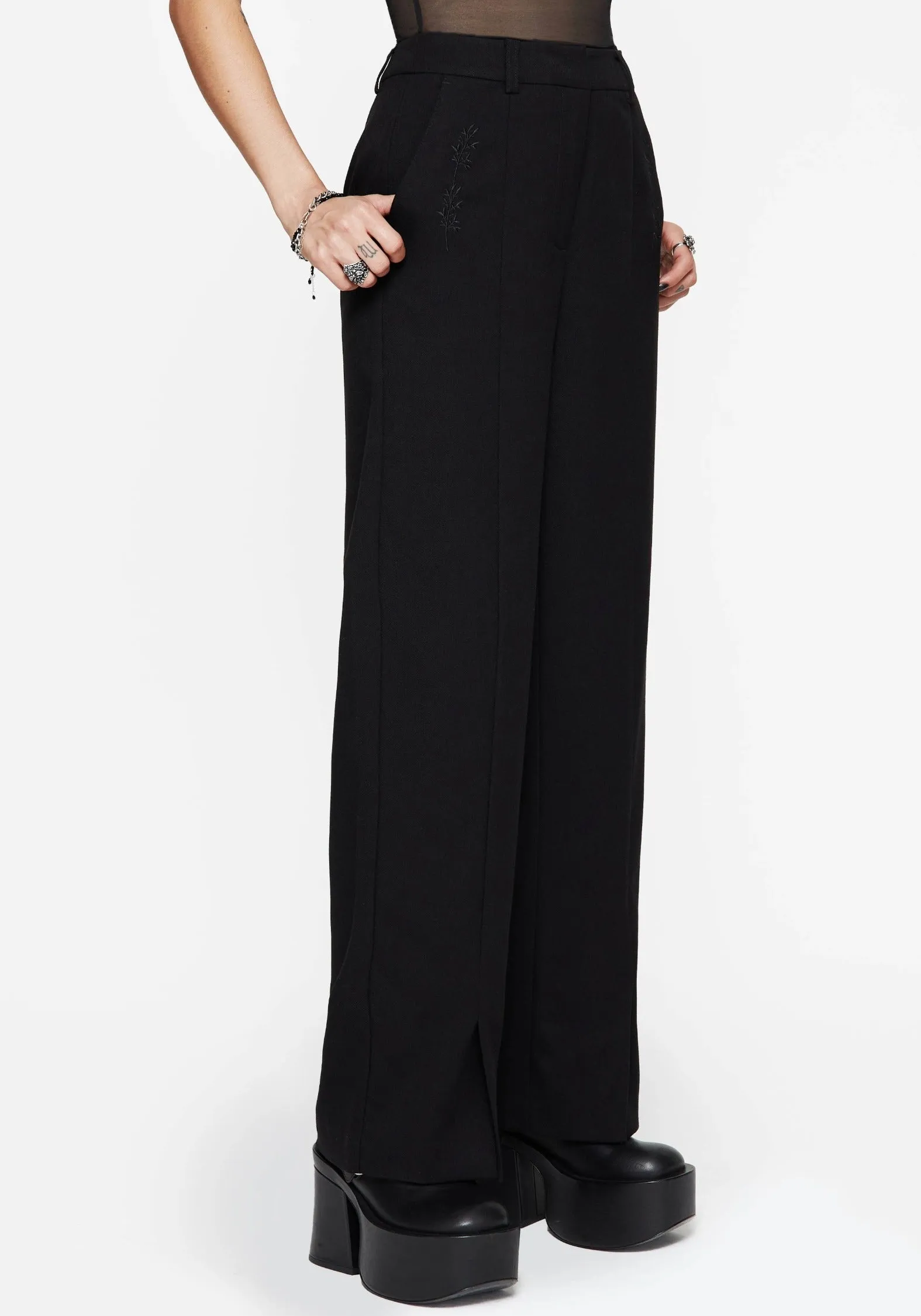 Thora Embroidered Front Split Tailored Trouser Lounge-friendly SturdyBeltLoops