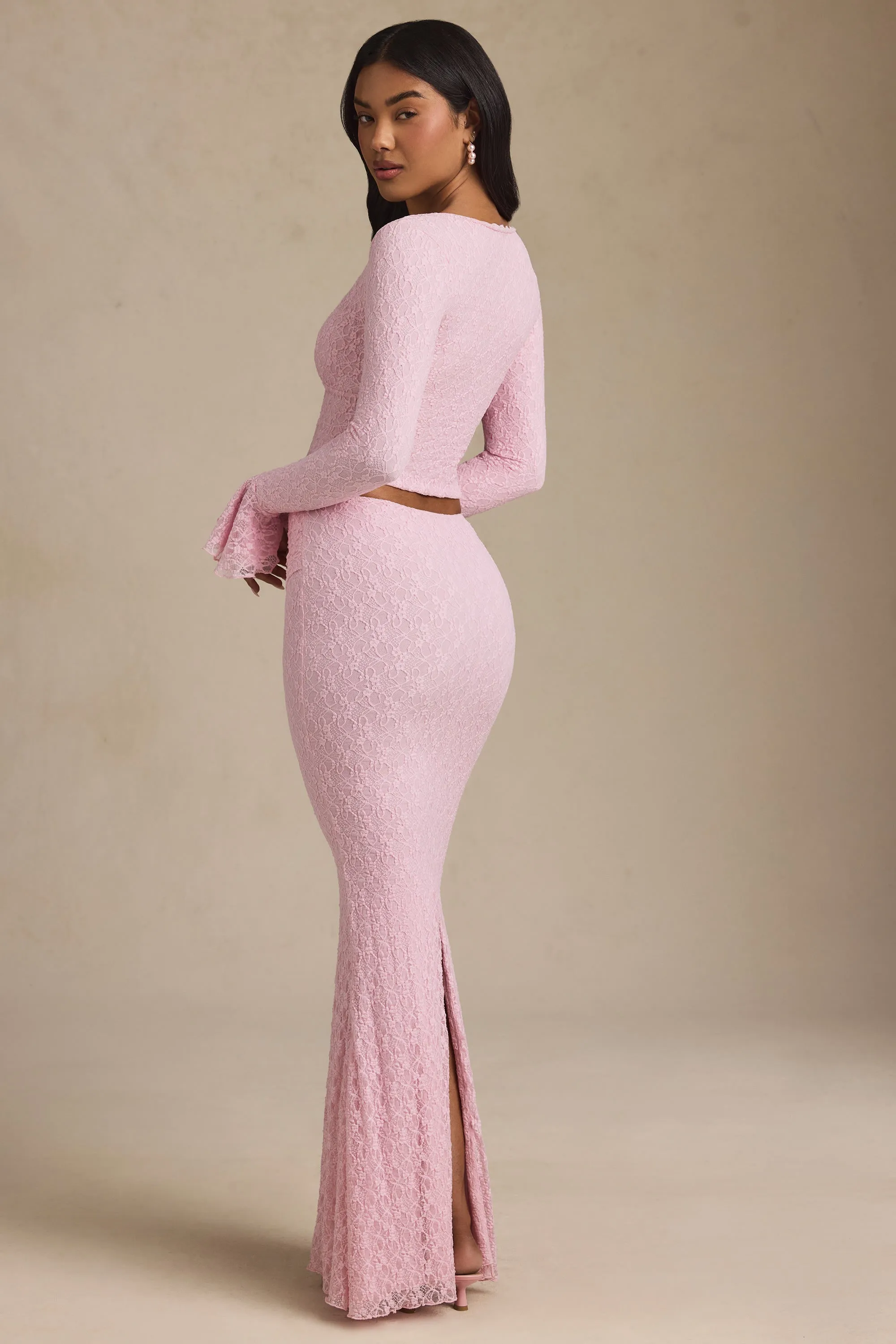 Draped Low-Rise Lace Maxi Skirt in Soft Pink Bestseller Item Neat Fit